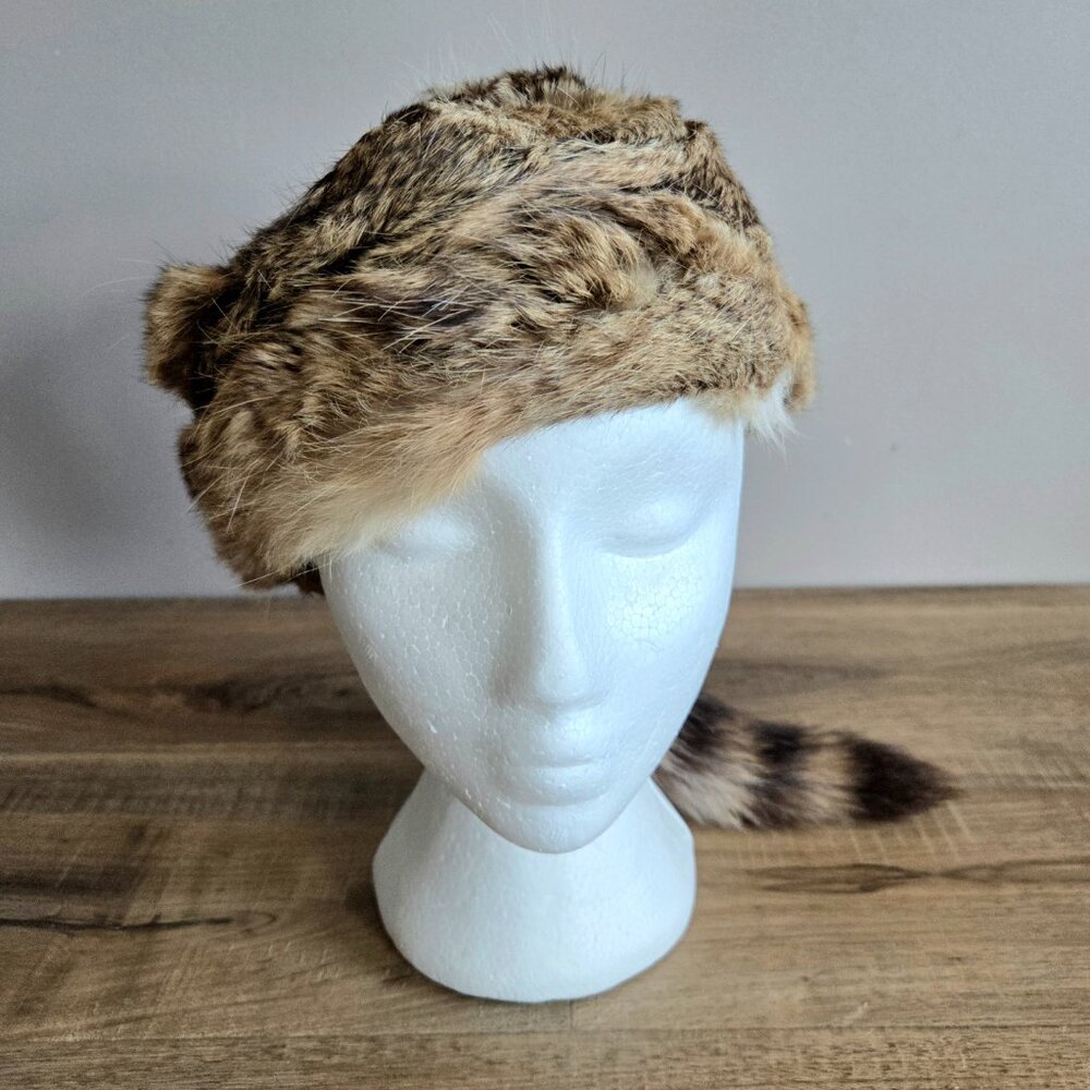 Vintage Davy Crockett Style Fur Hat Rabbitskin Racoon Tail - Picture 3 of 8